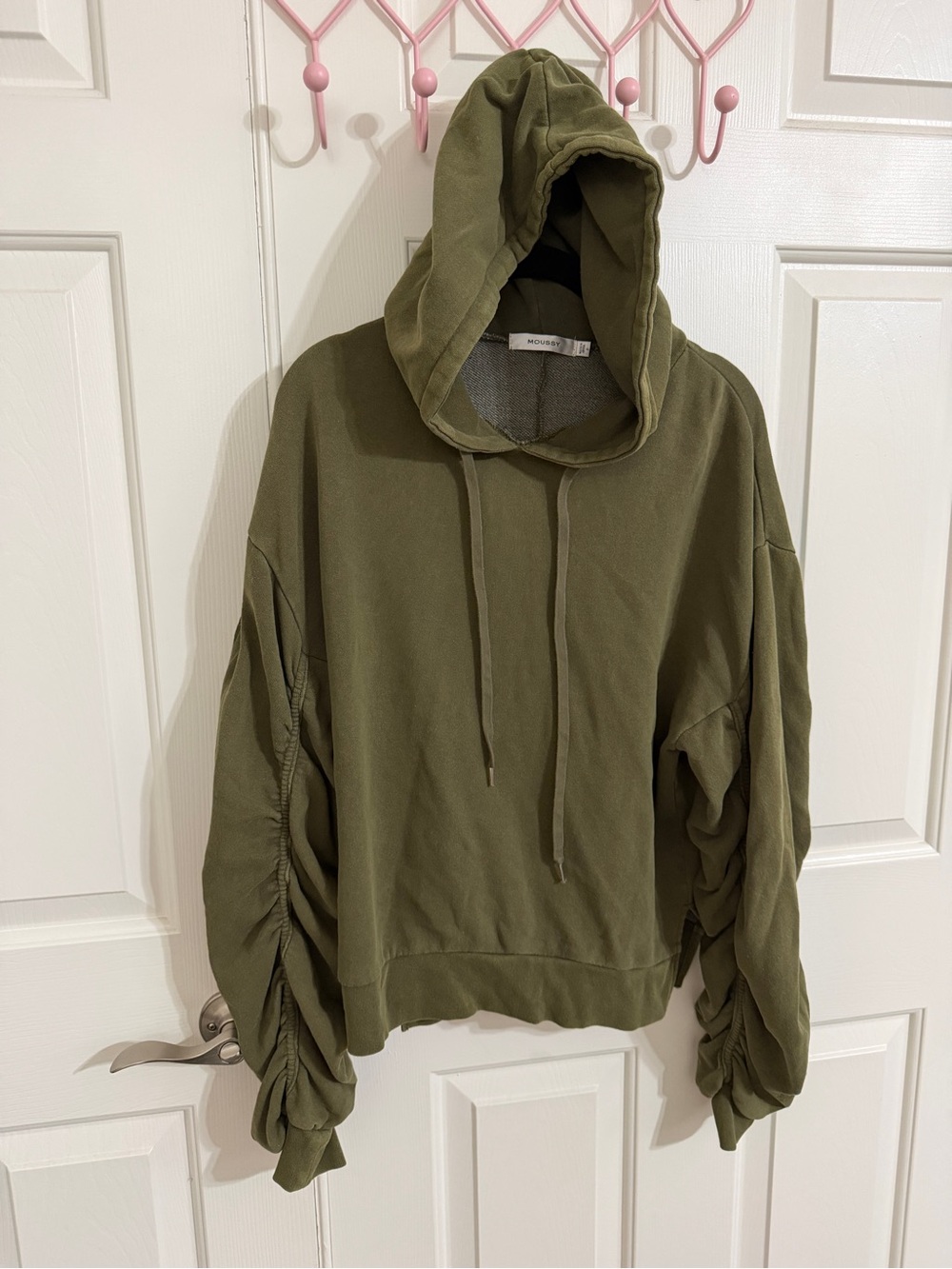 MOUSSY Free Size Olive Green Ruched Sleeve Oversized Hoodie Japanese Streetwear